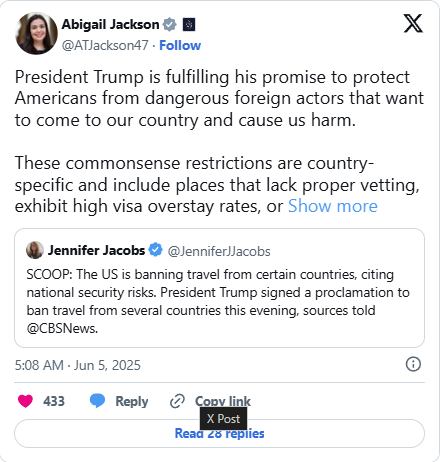 abigail posts official statement on x on travel ban