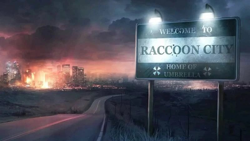 cracked welcome to raccoon city sign at city outskirts