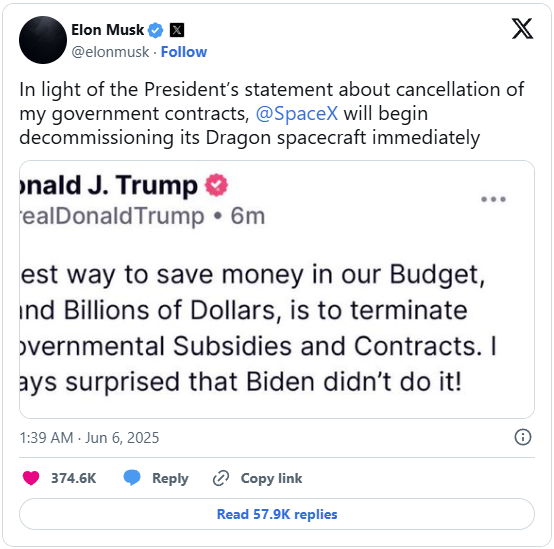 elon musk’s tweet announcing potential dragon spacecraft decommission