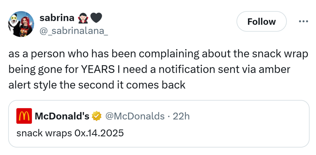 fans posting excited reactions on social media about the return of mcdonald's snack wrap