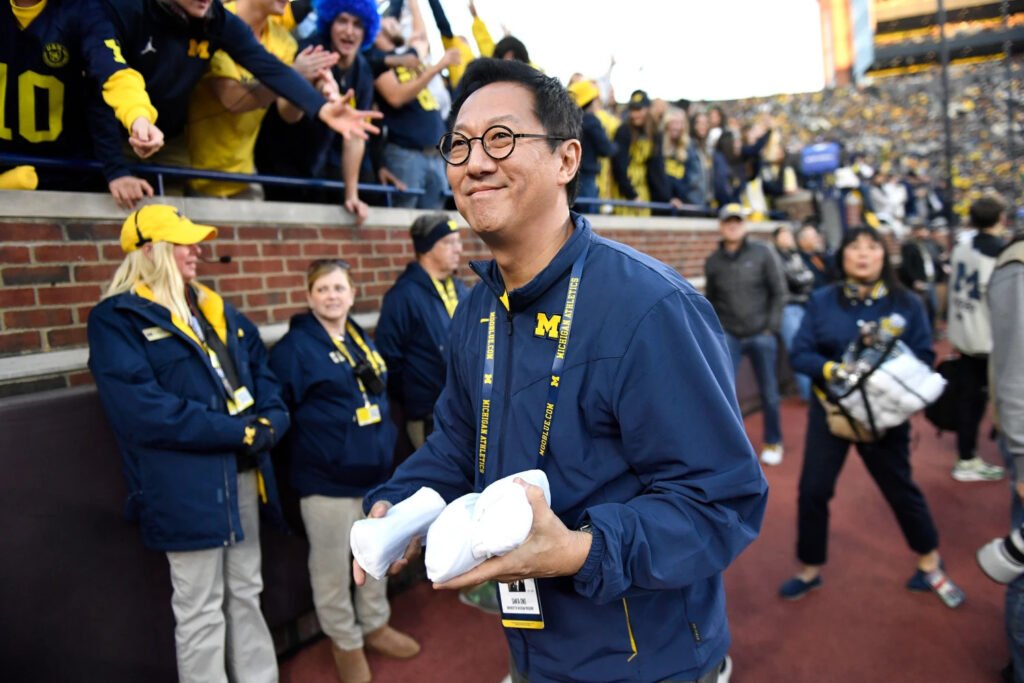 former university of michigan president santa ono during a public address