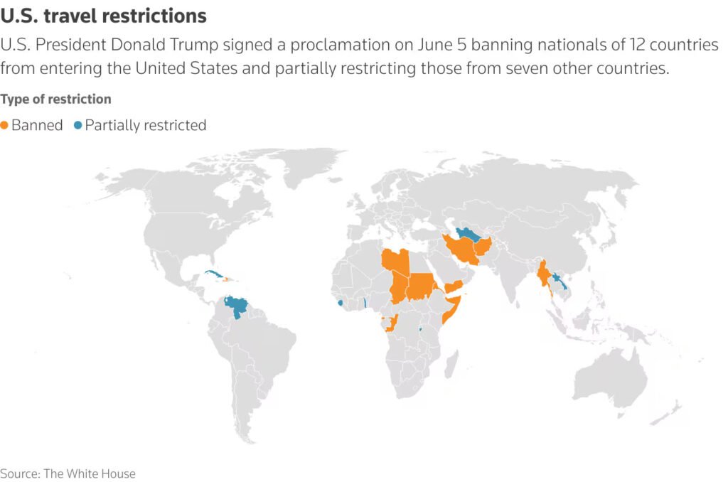 map highlighting the 12 countries affected by the travel ban