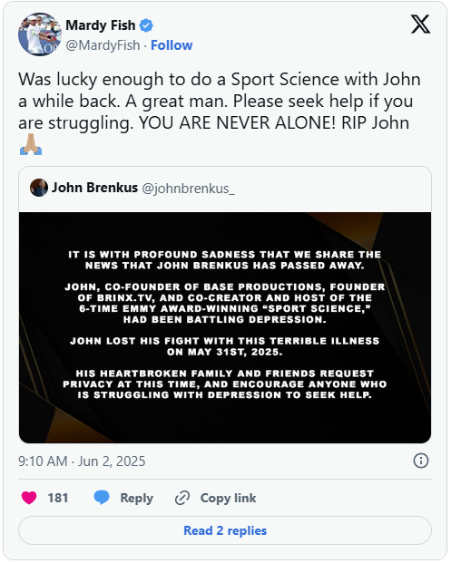 mardy paid heartfelt tribute for john brenkus