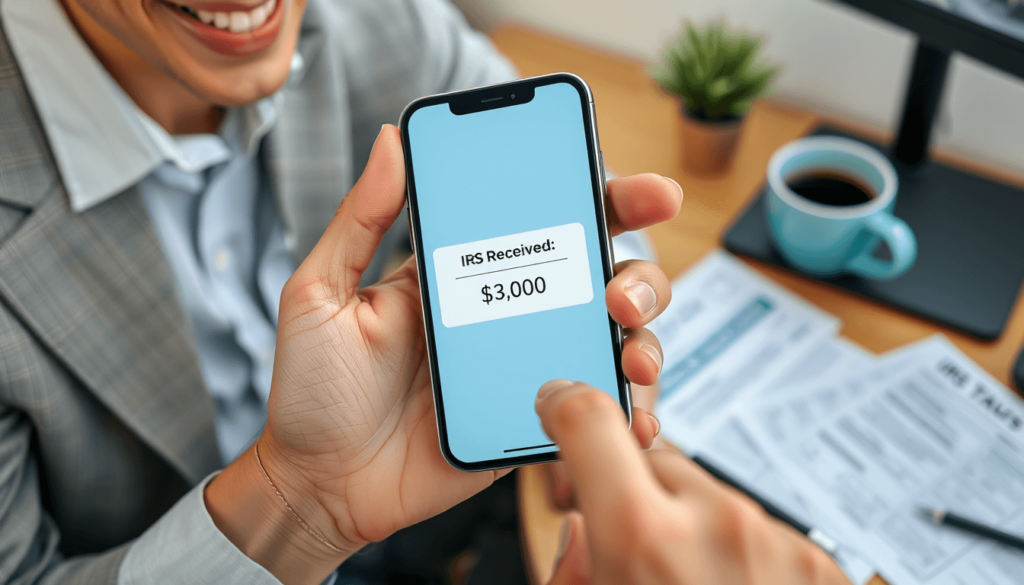 mobile banking app showing irs tax refund notification of $3,000
