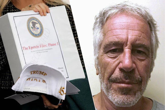 portrait of jeffrey epstein alongside redacted government documents titled the epstein files