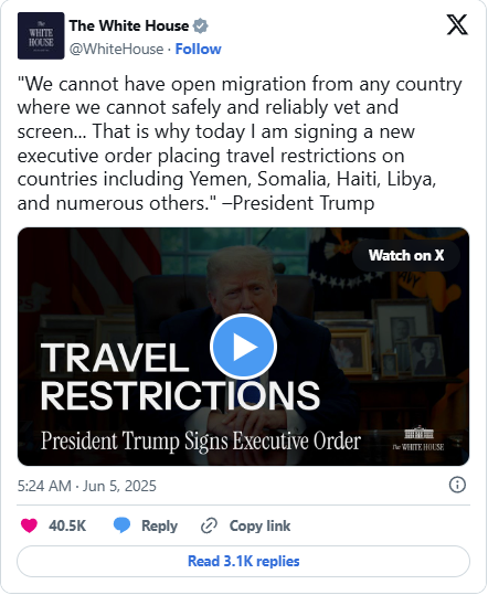 white house announces new travel ban on x, citing urgent security threats
