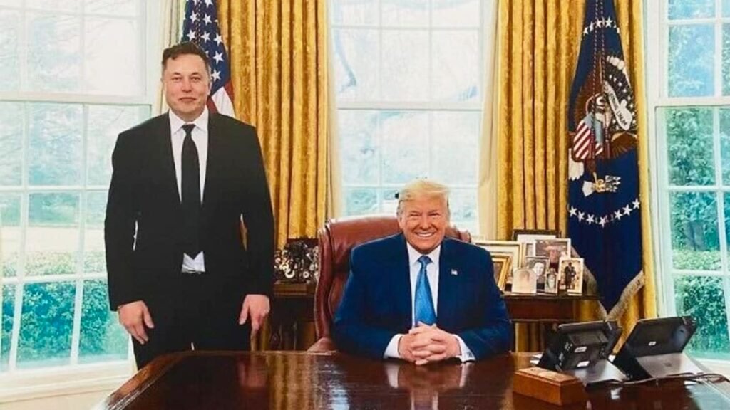 white house press room with trump and musk standing side by side