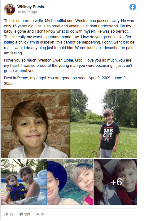 whitney purvis' emotional facebook post announcing the passing of her son weston gosa jr.