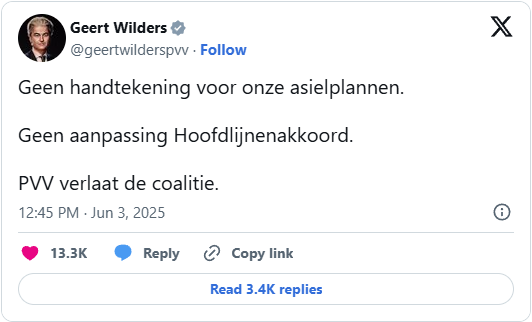 wilders announced that pvv will be leaving the coalition on x